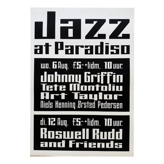 Vintage Screen Print Jazz at Paradiso Poster, Netherlands, August 1975 For Sale