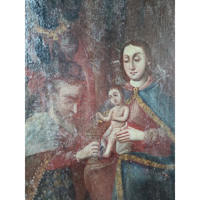 Spanish Antique 18th Century Religious Cuzco Oil Painting the Adoration of the Magi For Sale - Image 3 of 18