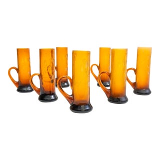 Vintage Mid Century Scottish Amber Glass Cordial Shot Glasses, Floral Thistle Etched - 7 Pieces For Sale