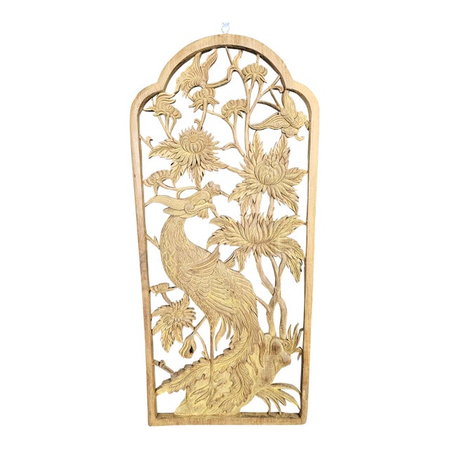 1970s Vintage Phoenix Peony Chinese Relief Carved Wood Panel Wall Sculpture For Sale