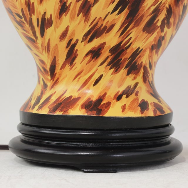 Pair of Vintage Hand Painted Yellow and Brown Tortoiseshell Pattern Porcelain Table Lamps With Wood Bases For Sale - Image 11 of 13