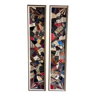 19th C Victorian Style Textile - Framed Crazy Quilt Panels With Embroidery For Sale
