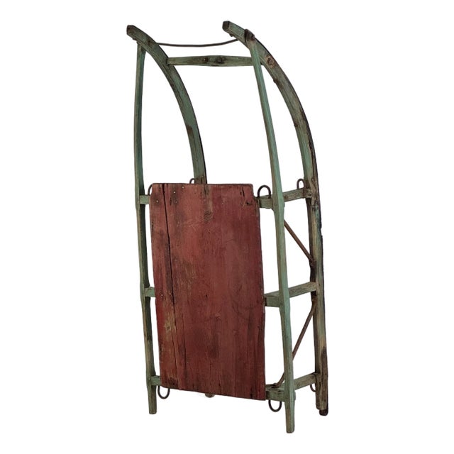 Rare & Marvelous 19th Century Primitive Hand Hewed & Forged Wood & Iron Sled, in Green & Red For Sale