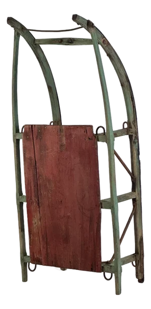 Rare & Marvelous 19th Century Primitive Hand Hewed & Forged Wood & Iron Sled, in Green & Red