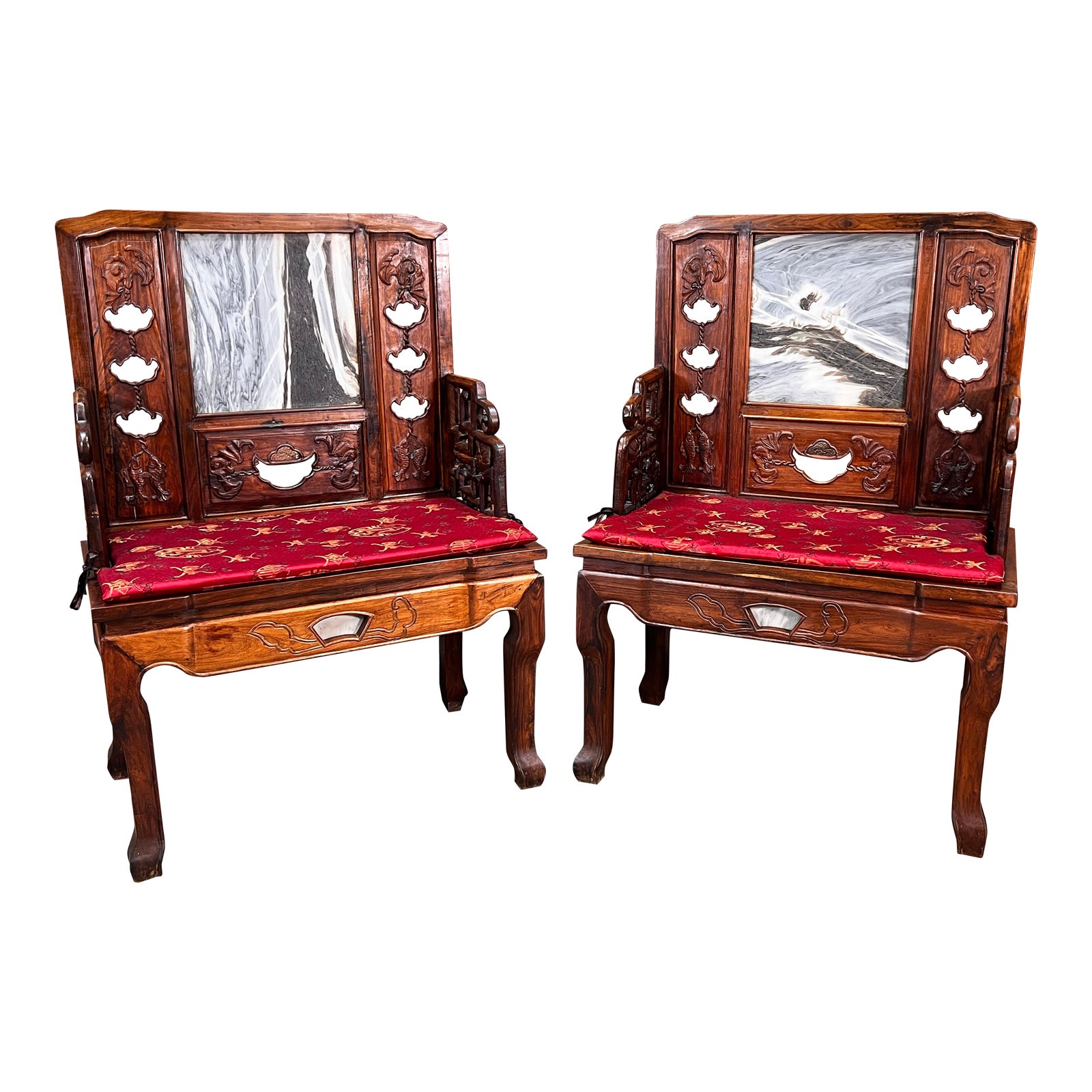 Vintage Carved Chinese Rosewood Arm Chairs With Inset Stone Backs - a Pair