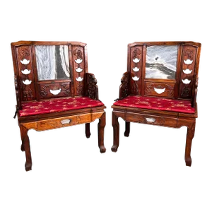 Vintage Carved Chinese Rosewood Arm Chairs With Inset Stone Backs - a Pair