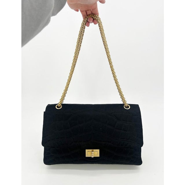 Mid 20th Century Chanel Black Satin Coco Croc Quilted 227 Reissue 2.55 Double Flap Classic For Sale - Image 11 of 13