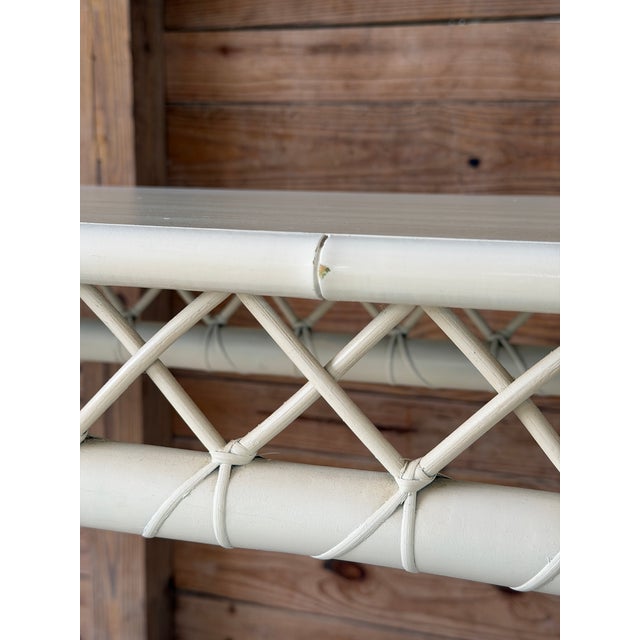 Monumental Vintage Coastal Boho Rattan Console Table With Lattice Detail For Sale In Naples, FL - Image 6 of 12