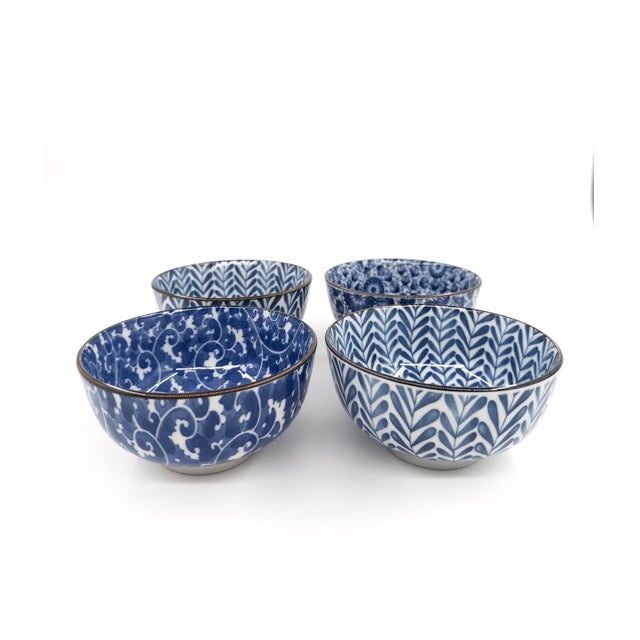 Hand-Painted Japanese Blue & White Porcelain Bowls Mixed Patterns - Set of 4 For Sale - Image 12 of 16