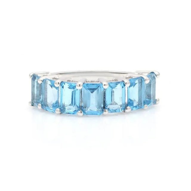 4.6Ct Emerald Cut Blue Topaz Art Deco Band Ring Size 7 For Sale - Image 4 of 14