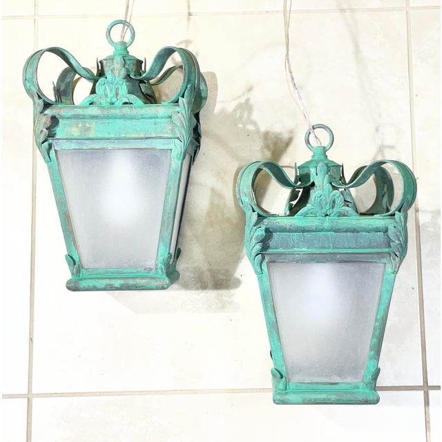 Vintage French Style Solid Brass Lanterns / Pendents With Verdigris For Sale - Image 14 of 15