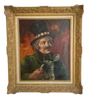 I. Tomig, L'homme et la chope de bière, Oil on Canvas, Framed