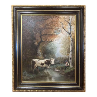 19th Century French Pastoral Oil Painting of Cow and Boy in Giltwood Frame For Sale