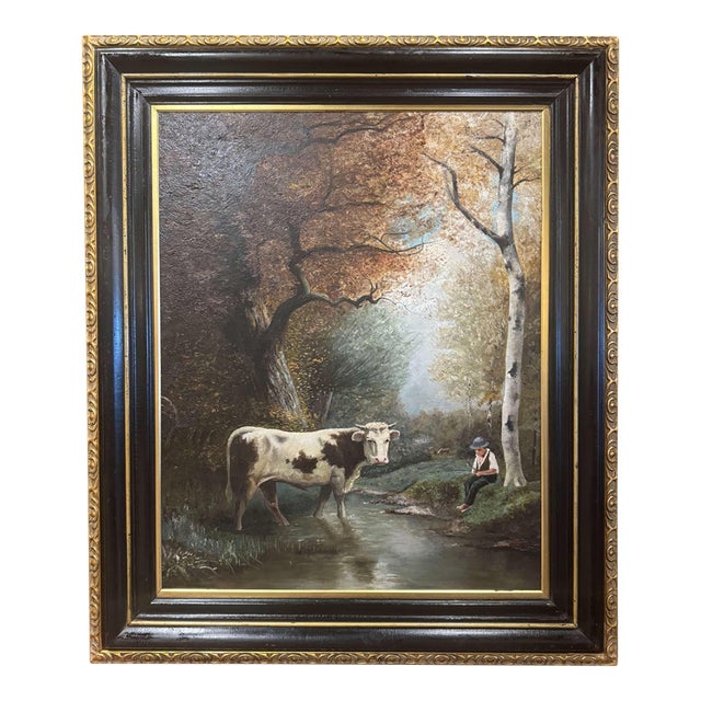19th Century French Pastoral Oil Painting of Cow and Boy in Giltwood Frame For Sale