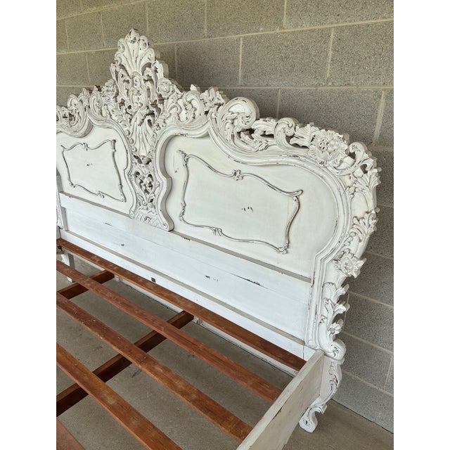 Wood Italian Rococo Style Shabby Chic Distressed King Size Bed Frame For Sale - Image 7 of 11