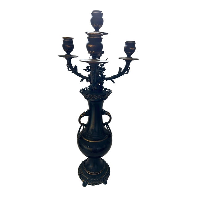 Antique Ornate Chinese Bronze Four Armed Candelabra For Sale