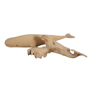 Vintage Hand Carved Teak Humpback & Sperm Whale Statues Sculpture Figruines- Set of 2 For Sale