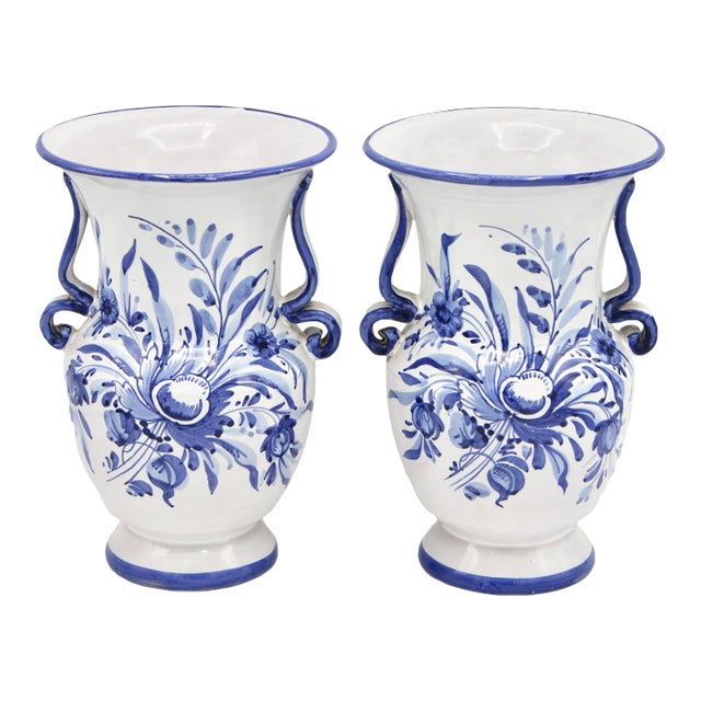 Vintage Italian Blue and White Ceramic Flower Vases - a Pair For Sale