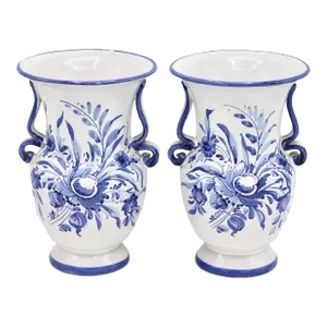 Vintage Italian Blue and White Ceramic Flower Vases - a Pair