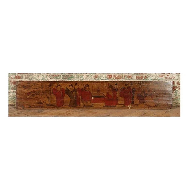 A set of five large 19th century Chinese painted wood panels with compositions depicting scenes of daily life of...