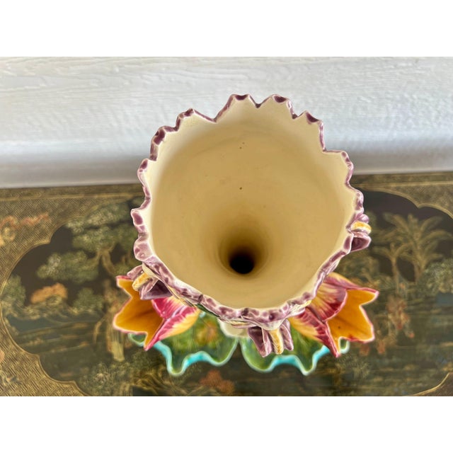 Antique French Majolica Vase Centerpiece Onnaing Art Nouveau Iris Tulip C1900 For Sale - Image 17 of 18