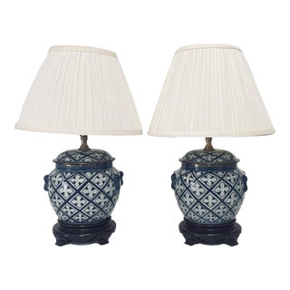 Pair of Blue & White Ceramic Urn Table Lamps For Sale
