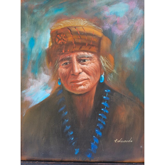 Teal Native American Portrait Painting on Canvas -Signed For Sale - Image 8 of 12