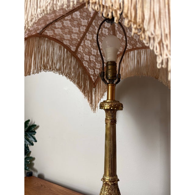 Mid 20th Century Victorian Footed Marble and Brass Table Lamp With Fabric Fringe/Tassel Lamp Shade For Sale - Image 9 of 11