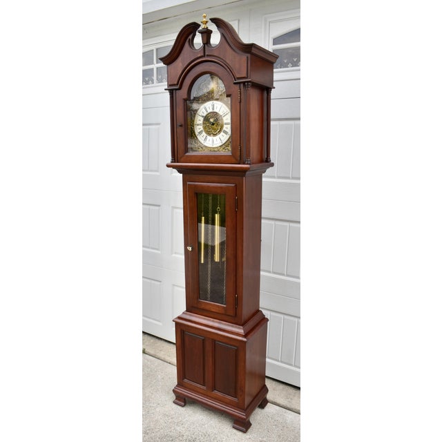 Traditional Mahogany Grandmother Clock Vintage Mechanical Embossed Dial For Sale - Image 14 of 18