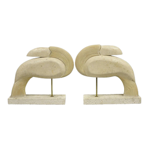 Late 20th Century Vintage Modern Tessellated Travertine Marble Stone Toucan Bird Sculpture - Pair