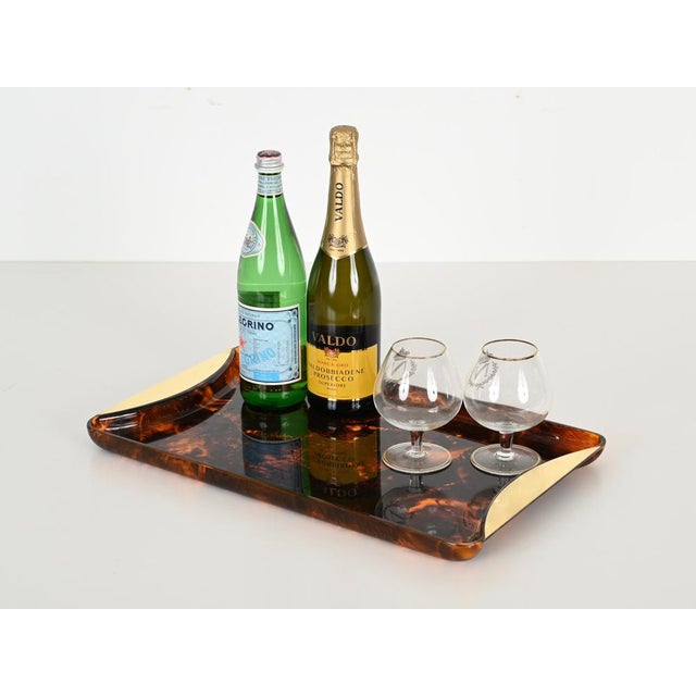 Large Tortoiseshell Effect Acrylic and Brass Serving Tray from Guzzini, 1970 For Sale - Image 3 of 15