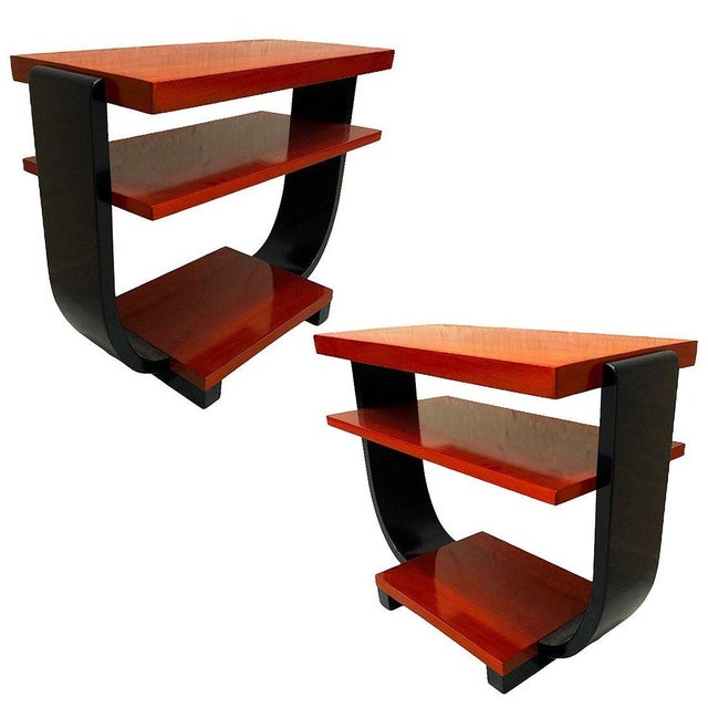 Two-tone, two-tier Art Deco Pearwood side table pair and coffee table, both designed by Gilbert Rohde for Brown Saltman...