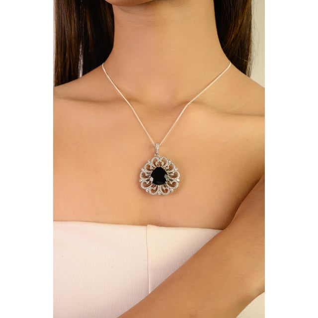Black Bochic Floral Design Black Onyx Pear Cut Pendant With Zirconia in 925 Silver For Sale - Image 8 of 11