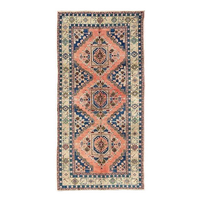 Vintage Oushak Rug From Turkey With Medallions in Salmon Pink and Blue For Sale