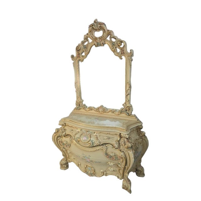 Late 20th Century Italian Silik Rococo Revival Hand Painted Bombe Dresser With Mirror For Sale - Image 6 of 12