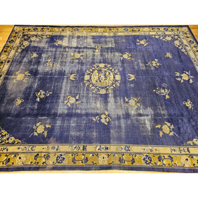 19th Century Chinese Peking Rug, Handwoven Wool, Indigo & Yellow, 10' x 14' For Sale In Chicago - Image 6 of 15