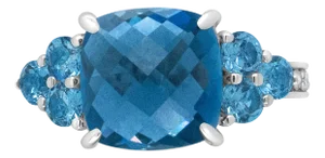 18K White Gold 10mm Cushion Shaped Blue Topaz and 1/6 Cttw Diamond 3 Stone Style Ring (F-G Color, VS