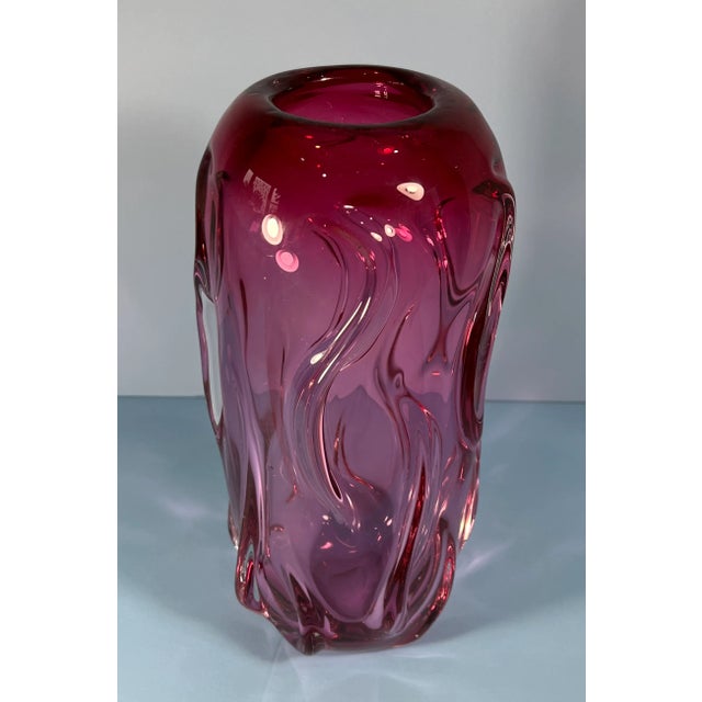 Glass Pink Art Glass Vase With Textured Swirls For Sale - Image 7 of 12