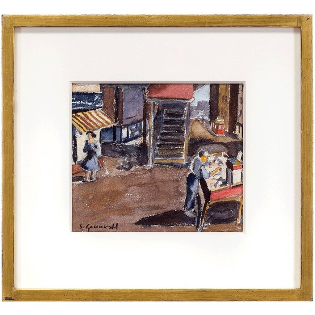 Samuel Grunvald, 1940 American WPA Modernist New York City Watercolor Painting Pushcart Tenements, c.1940 For Sale - Image 4 of 4