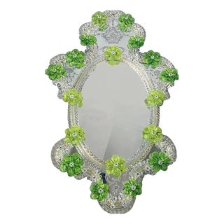 Venetian Oval Green Floral Hand-Carved Mirror by Simoeng for Simoeng For Sale