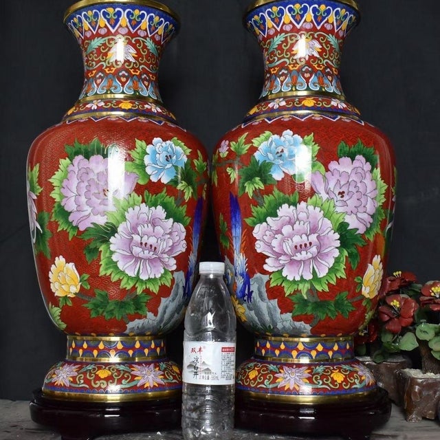 Pair of Monumental Chinese Cloisonné Vases | Gilt Floral & Bird Motif With Stands For Sale - Image 4 of 9
