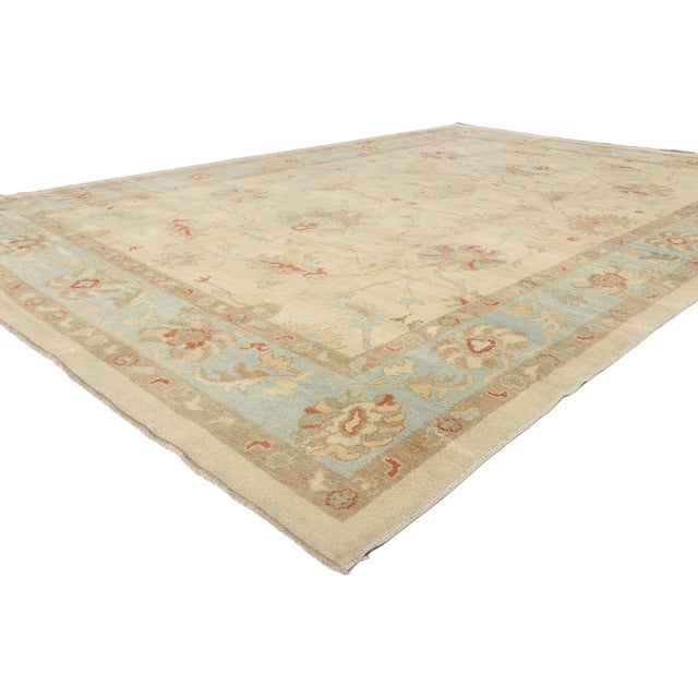 50860 Vintage Modern Turkish Oushak Rug, 10'01 x 14'09. As if woven from the breath of a soft Anatolian morning, this...