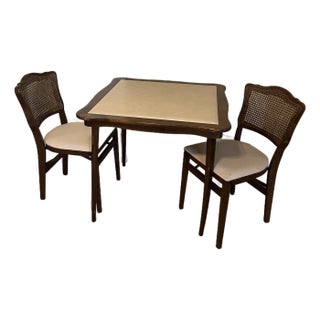 Vintage Mid-Century Stakmore Card Table With 2 Stakmore Folding Cane Back Chairs For Sale