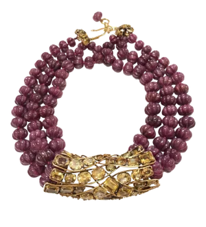 Early 20th Century Iradj Moini Necklace Ruby Carved Melon Citrine Topaz Pendant Collar Collier Choker Statement Gold Plated