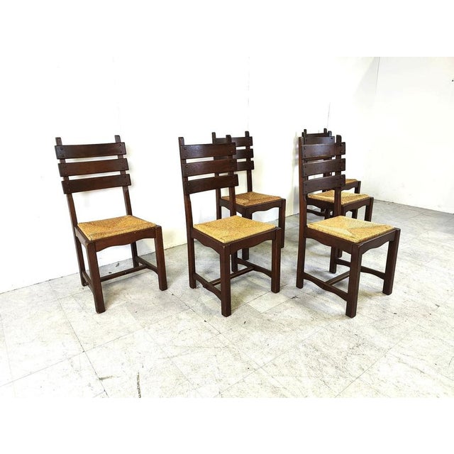 Brown Vintage Brutalist Oak and Wicker Dining Chairs, 1960s, Set of 6 For Sale - Image 8 of 12