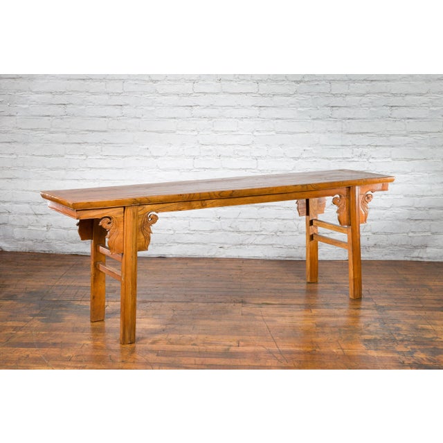 Wood Chinese Qing Dynasty Shandong Altar Console Table with Carved Scrolling Motifs For Sale - Image 7 of 13