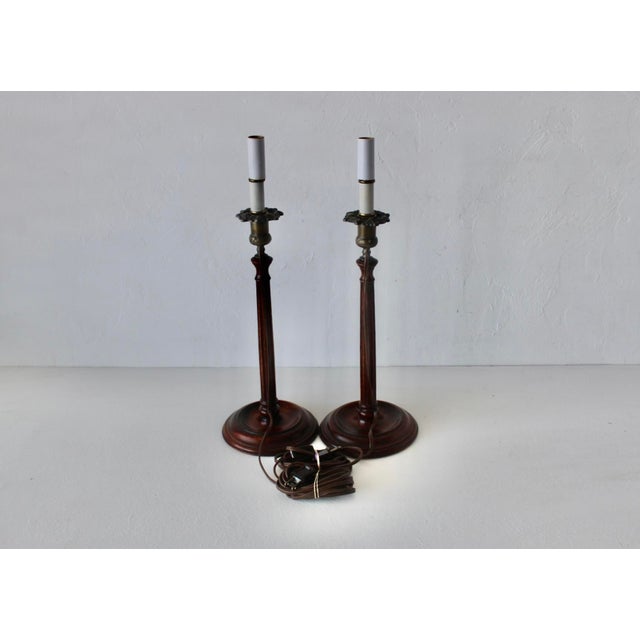 Late 20th Century Georgian Style Mahogany Brass Candlestick Table Lamps - a Pair For Sale - Image 16 of 18