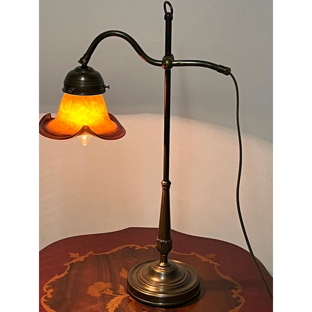 Antique Brass Table Lamp with Pate De Verre Glass Shade from Unbekannt, 1920s For Sale - Image 3 of 8