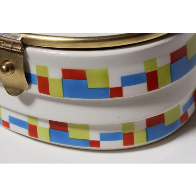 German Art Deco Ceramic and Brass Biscuit Tin With Geometric Motif For Sale - Image 15 of 18