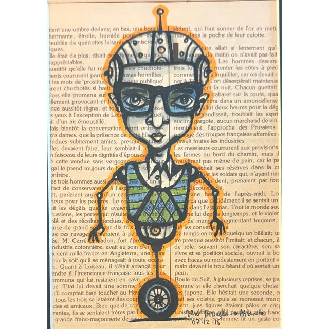 Whimsical yet direct folk art painting on a French book page, mounted on board, and newly-matted and framed under gallery...